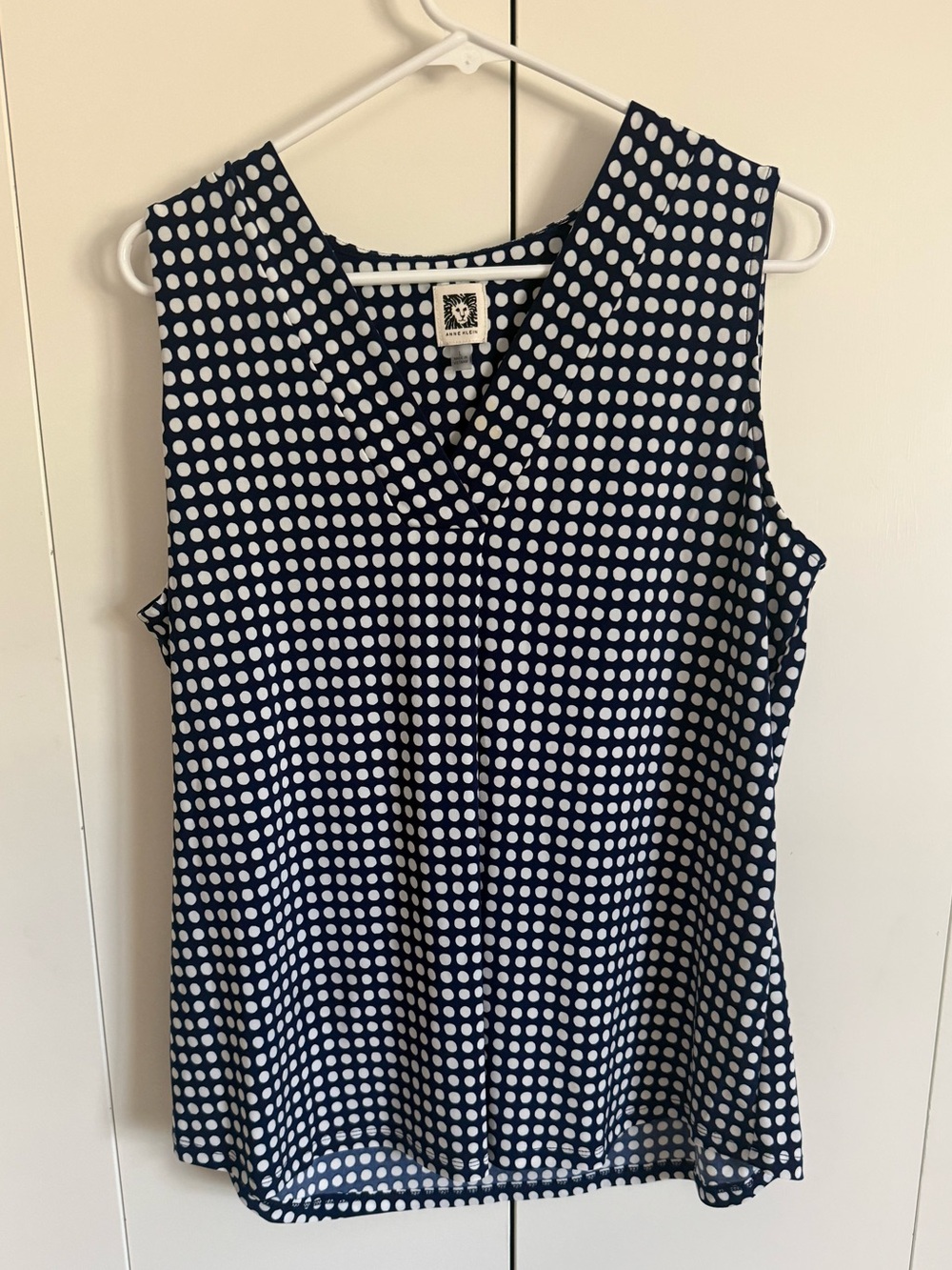 Anne Klein Navy Polka Dot Sleeveless V-Neck Blouse